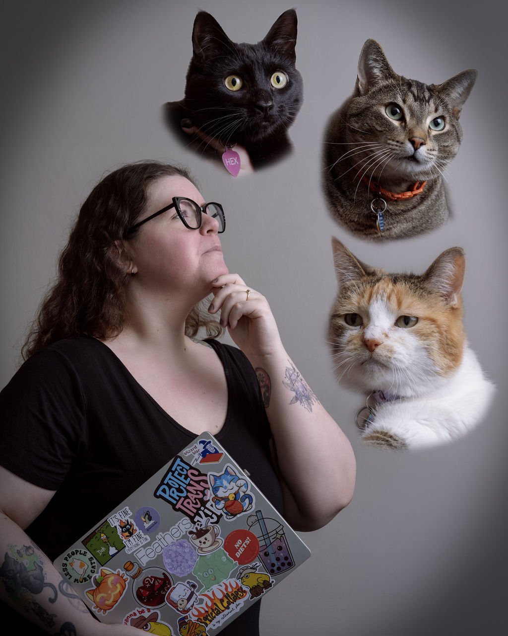 Candice Tate with three cats in a creative family portrait