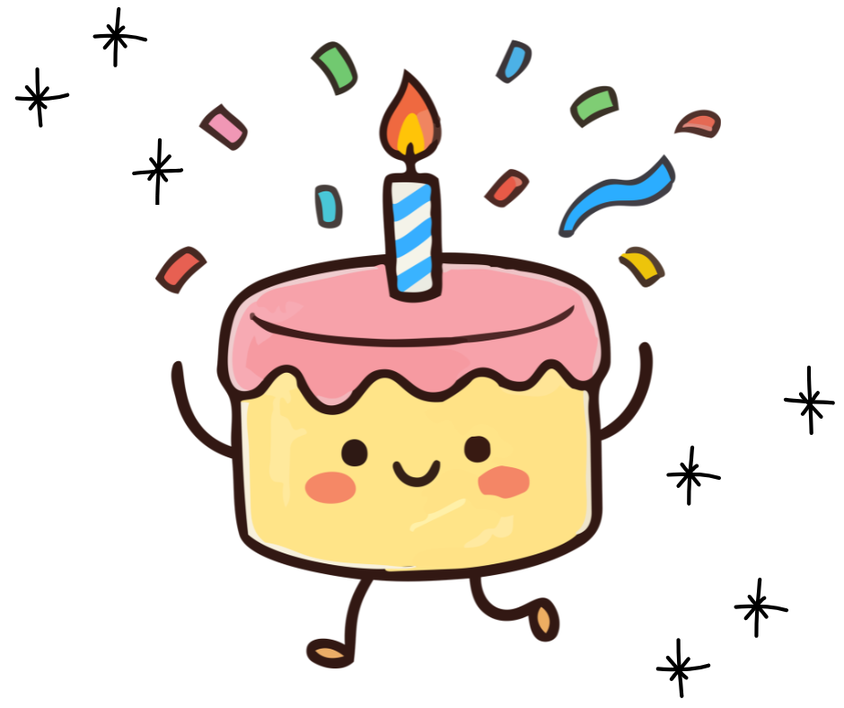 cute cartoon of a happy smiling birthday cake throwing confetti