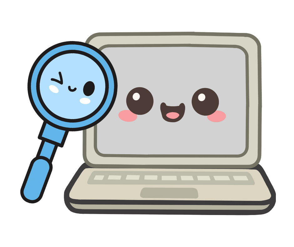cute cartoony illustration of a magnifying glass and laptop