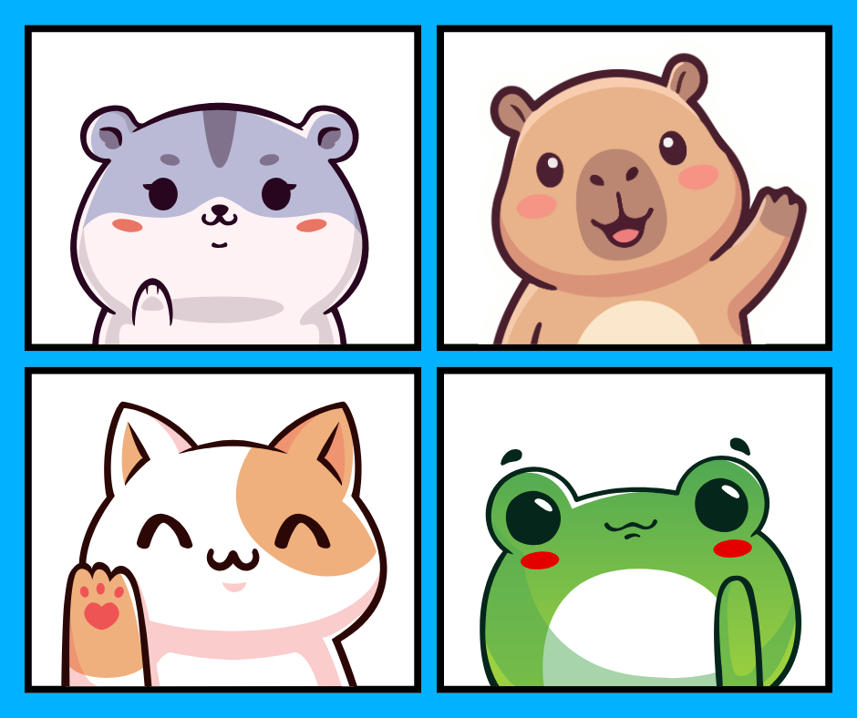Brady Bunch style image featuring four character in portrait boxes. The characters are cute animals all happily smiling and waving at the viewer.