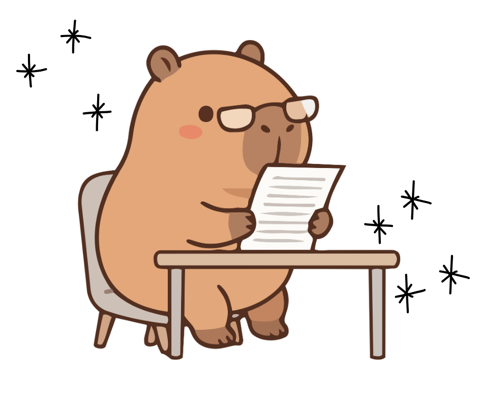 Kawaii Capybara wearing glasses sitting at a desk and reading over a paper