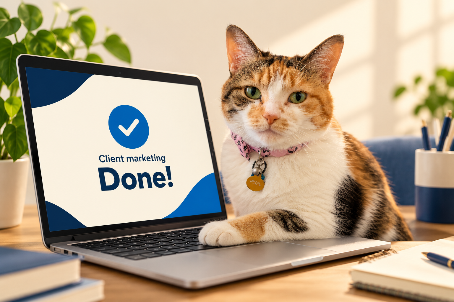 Pixel the cat beside a laptop showing completed client marketing